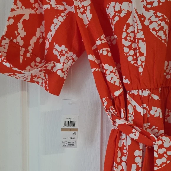 DKNY Darker Orange and White Midi Dress With Tie Lightweight 3 Button New - Picture 13 of 14